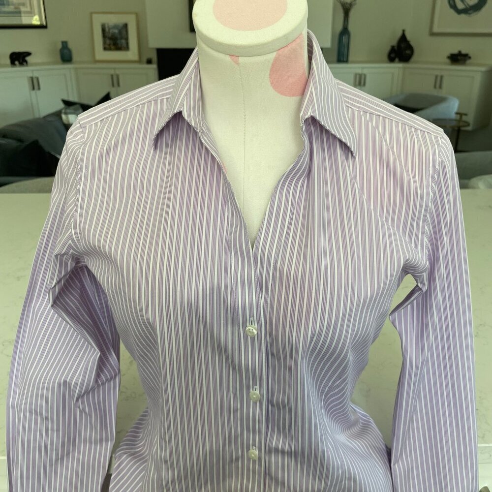 Brooks Brothers Petite Fitted LS Button Down Striped Blouse Purple Wht Sz 4P - Picture 2 of 11